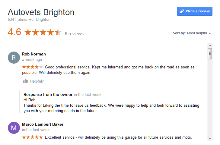Leave a google review for autovets brighton